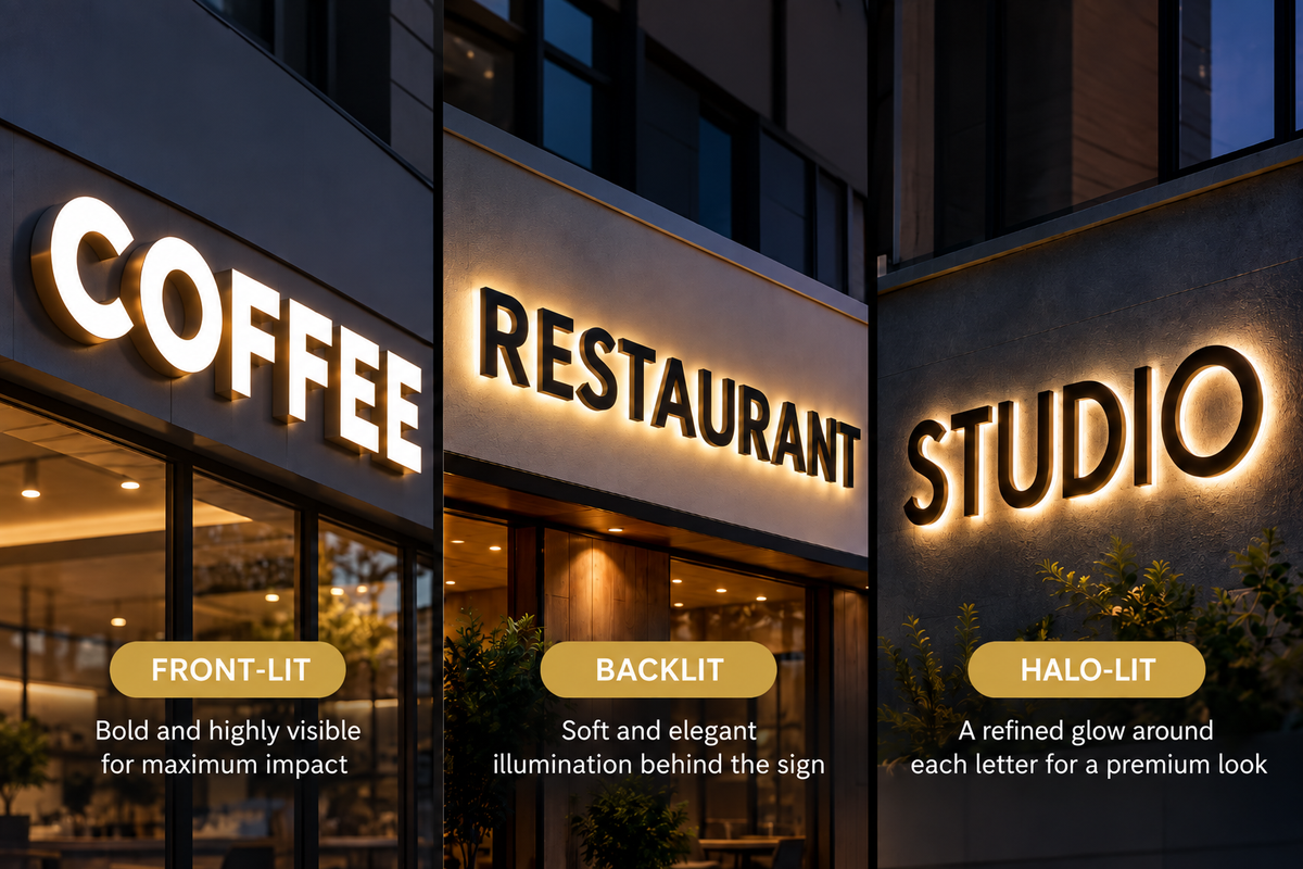 Front-Lit vs Backlit vs Halo-Lit Signs: Which Lighting Style Suits Your Business?